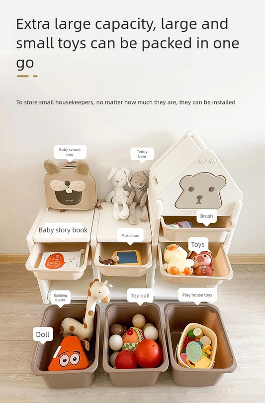 Khaki Cartoon Bear 3-Tier Toy Organizer with Large Capacity - Adorable Kids Storage Cabinet for Playroom, Bedroom & Daycare | Multi-Purpose Toy Storage Solution