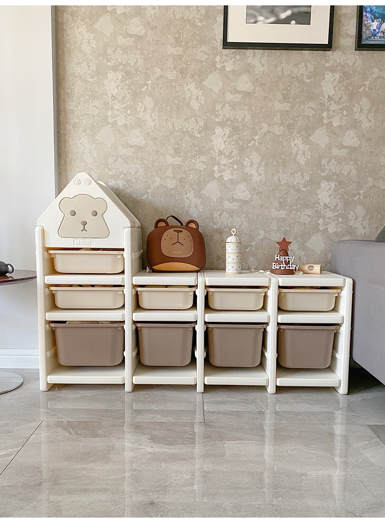 Khaki Cartoon Bear 3-Tier Toy Organizer with Large Capacity - Adorable Kids Storage Cabinet for Playroom, Bedroom & Daycare | Multi-Purpose Toy Storage Solution