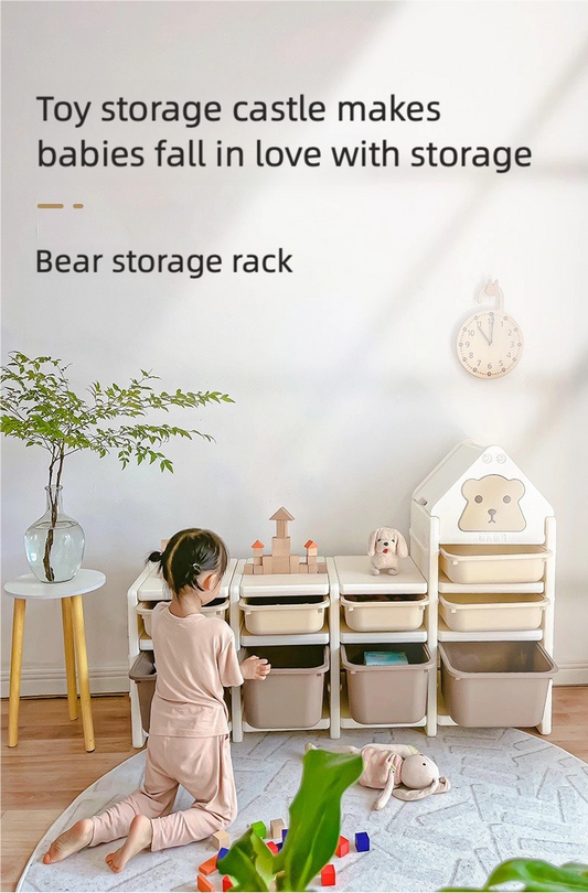 Khaki Cartoon Bear 3-Tier Toy Organizer with Large Capacity - Adorable Kids Storage Cabinet for Playroom, Bedroom & Daycare | Multi-Purpose Toy Storage Solution